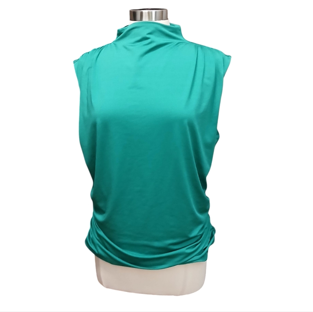 Aqua | Kelly Green Ruched Fitted Blouse with Mandarin Collar Size XL